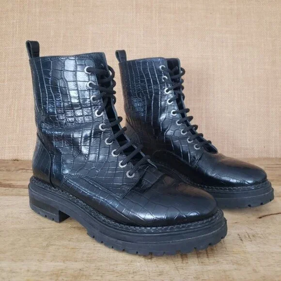 Napoleoni Black Leather Croc-Emboss Lace Up Combat Moto Chunky Sole EU 38 / US 8